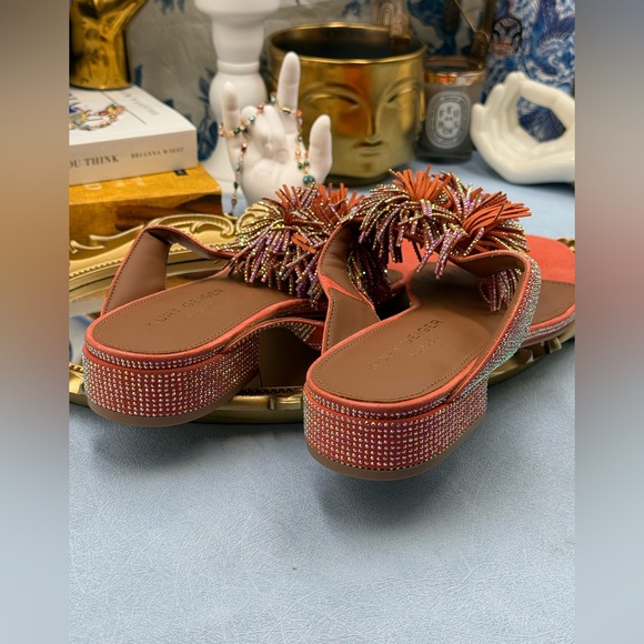 🆕 KURT GEIGER LONDON 🧿 NWOB Pom Pom T-Bar Thong Sandals, Orange - Sz 40 US 9 - Picture 16 of 16